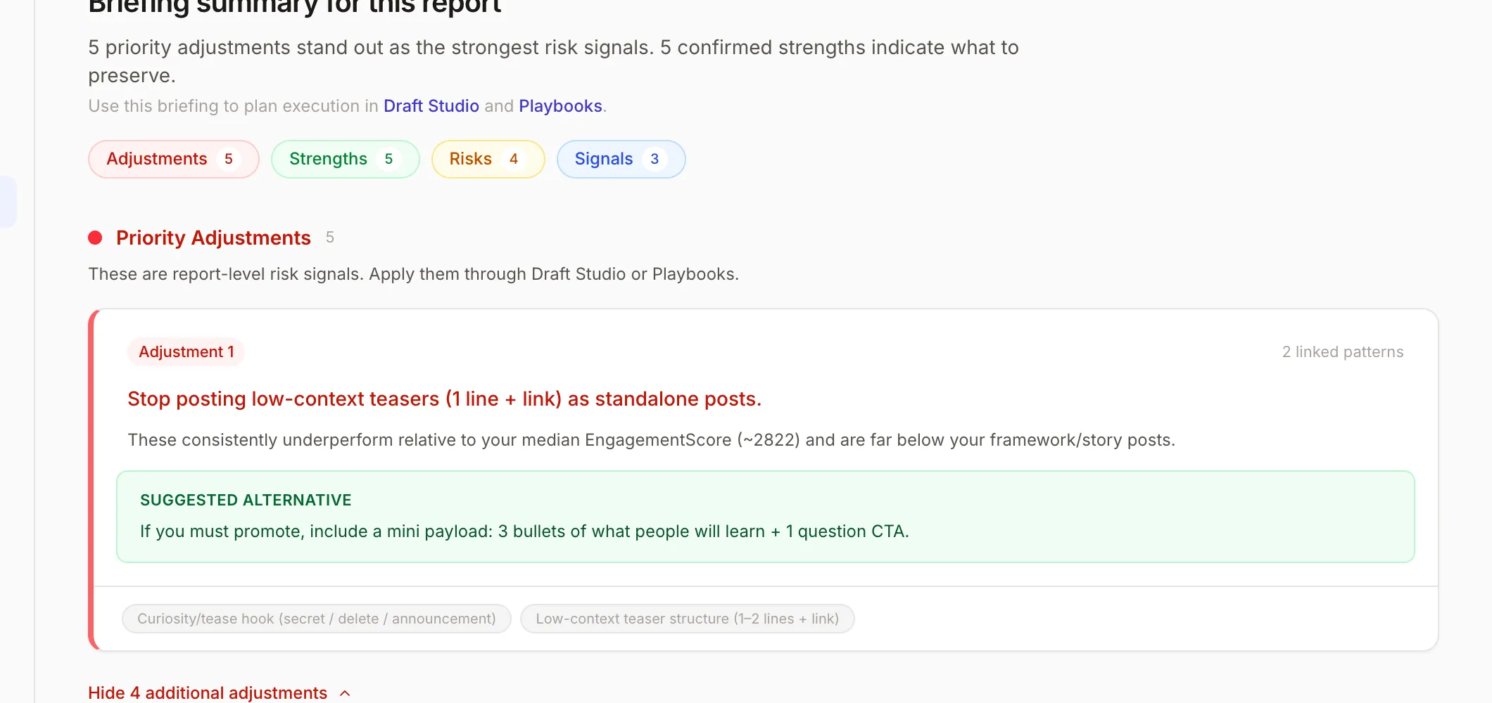 Coach view highlighting recurring risk with a specific replacement direction